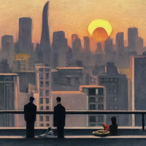 Image similar to a small rooftop with a couple of people sitting and watching the view, wearing black modern clothes, modern shanghai bund is on the background, sunset, by edward hopper, by gregory crewdson