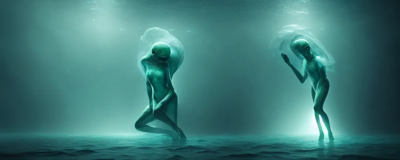 Image similar to ultra realistic horror photo of a dimly lit translucent female alien creature underwater, very intricate details, focus, full frame image, curvy, model pose, artwork by tooth wu and wlop and beeple and greg rutkowski, award winning