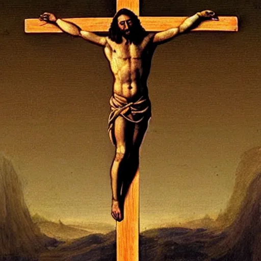 Image similar to Elon musk as jesus christ, crucified on mars, painting in the style of Leonardo Da Vinci