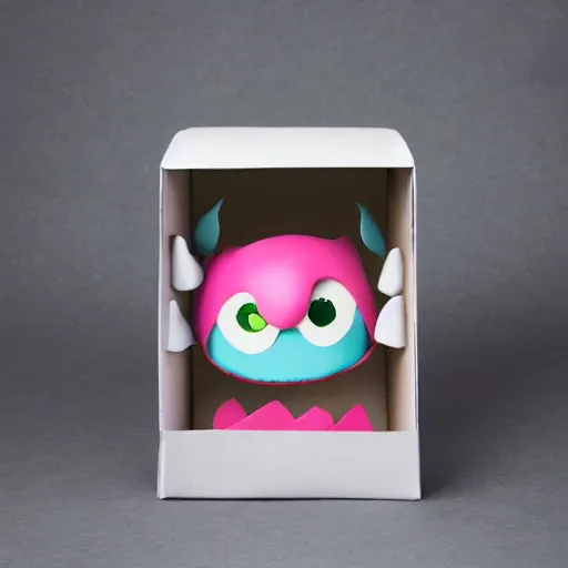 Image similar to cute monster in a box, product photography, centered, studio lightning