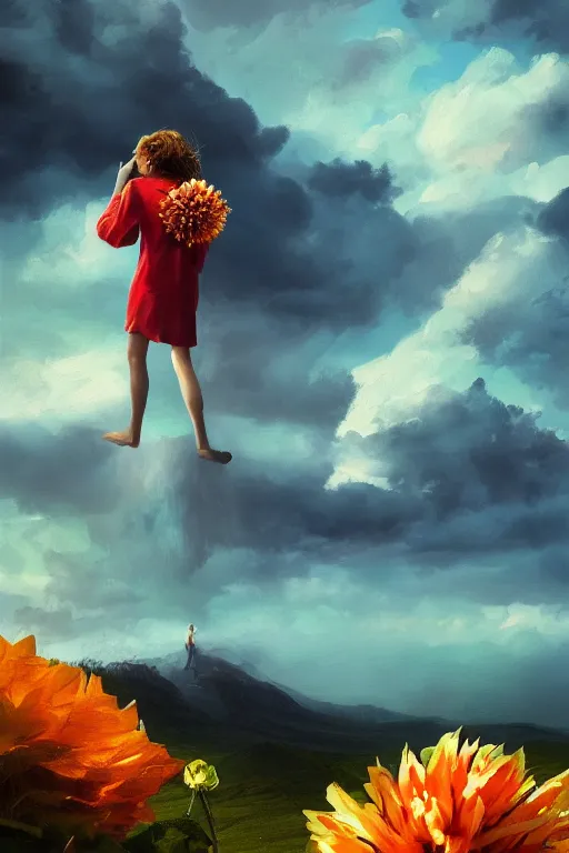 Image similar to closeup girl with giant dahlia flower as head, standing on mountain, surreal photography, blue storm clouds, dramatic light, impressionist painting, digital painting, artstation, simon stalenhag