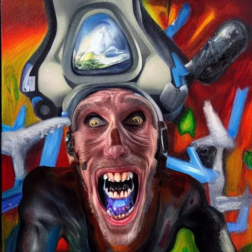 Image similar to Jerma985 descending to a new level of insanity, madness, oil on canvas, insanely detailed