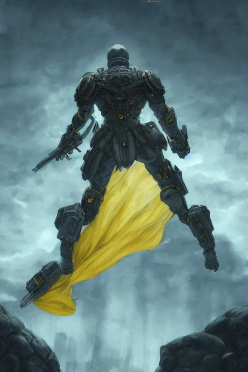 Prompt: a distant shot of a single super soldier with blue and yellow flag and standing alone on a huge pile of human skulls as a winner, masculine figure, D&D, fantasy, dark atmosphere, beam of lights through the clouds, intricate, elegant, highly detailed, extremely detailed, digital painting, artstation, concept art, matte, smooth, sharp focus, illustration, art by Artgerm and Greg Rutkowski and Alphonse Mucha