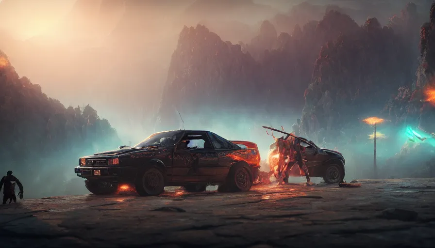 Image similar to ae86, tribe members attacking, action scene, an epic fantasy, dramatic lighting, cinematic, establishing shot, extremely high detail, photorealistic, cinematic lighting, Maxwell Boas Jessica Rossier Christian Dimitrov Anton Fadeev trending on Artstation CGSociety rendered in Unreal Engine 4k HQ