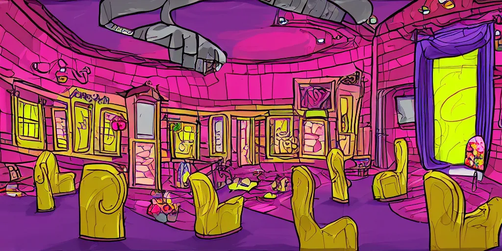 Image similar to a dimly lit, colorful, theater dressing room, made of candy, day of the tentacle style, drawn by Peter Chan