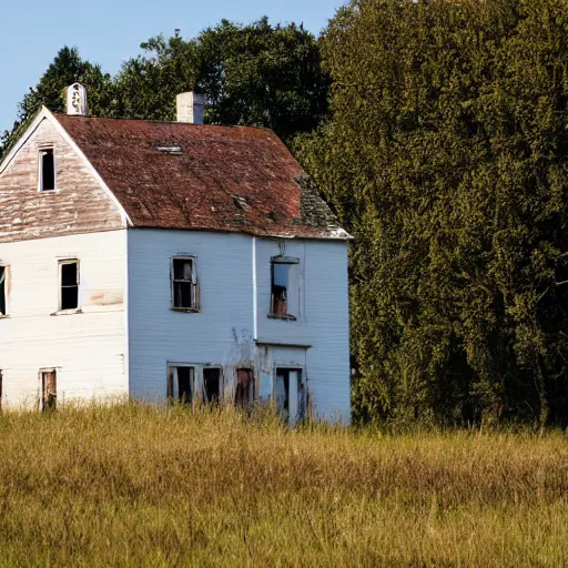 Prompt: abandoned house in white on grassland