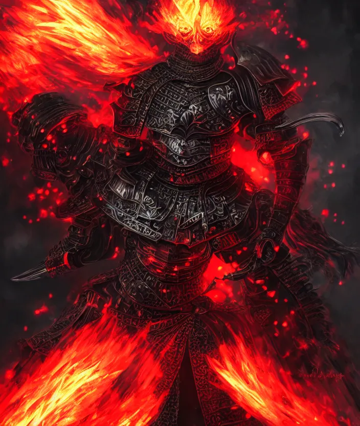 Prompt: a detailed manga portrait illustration of a dark warrior in black plated armour surrounded by red flames, trending on artstation, digital art, 4 k resolution, detailed, octane render, high quality, sharp focus, hq artwork, insane detail, concept art, character concept, character illustration, full body illustration