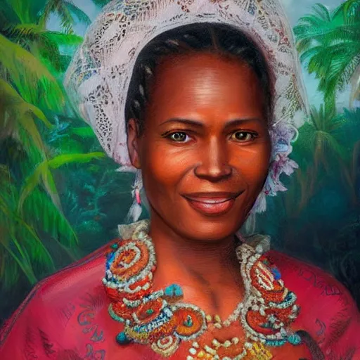 Prompt: portrait of a surinam woman ( 3 5 ) from suriname in 2 0 2 1, an oil painting by ross tran and thomas kincade