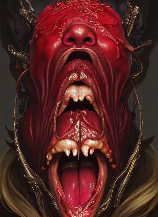 Image similar to incubus sticking out tongue with blood, realistic, surealism, lavish, steep, aesthetic, extravagant, shiny, fantasy, intricate, elegant, extremely higly detailed, digital painting, artstation, ornate, grotesque, baroque, concept art, by artgerm and greg rutkowski and alphonse mucha, joongwon charles jeong and diego fazio