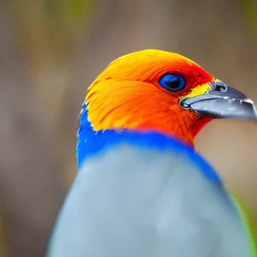 Prompt: colourful bird looking at camera quizzically with tilted head, photograph