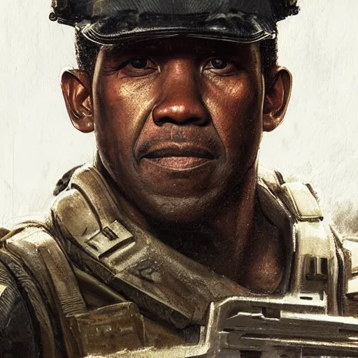 Image similar to portrait of a man by greg rutkowski, denzel washington as a colonial marine from aliens franchise, he is about 5 0 years old, military composure, wearing the tactical gear of the colonial marines, highly detailed portrait, digital painting, artstation, concept art, smooth, sharp foccus ilustration, artstation hq