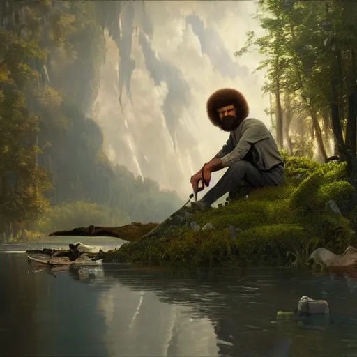 Image similar to an ultra detailed matte painting bob ross being friends with alligator loki, fantasy concept art by alphonse mucha and greg rutkowski, octane render, 8 k, detailed face