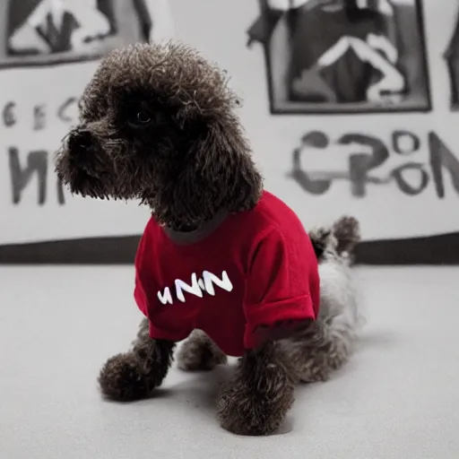 Prompt: a photorealistic dog character is wearing a shirt which writes'win'