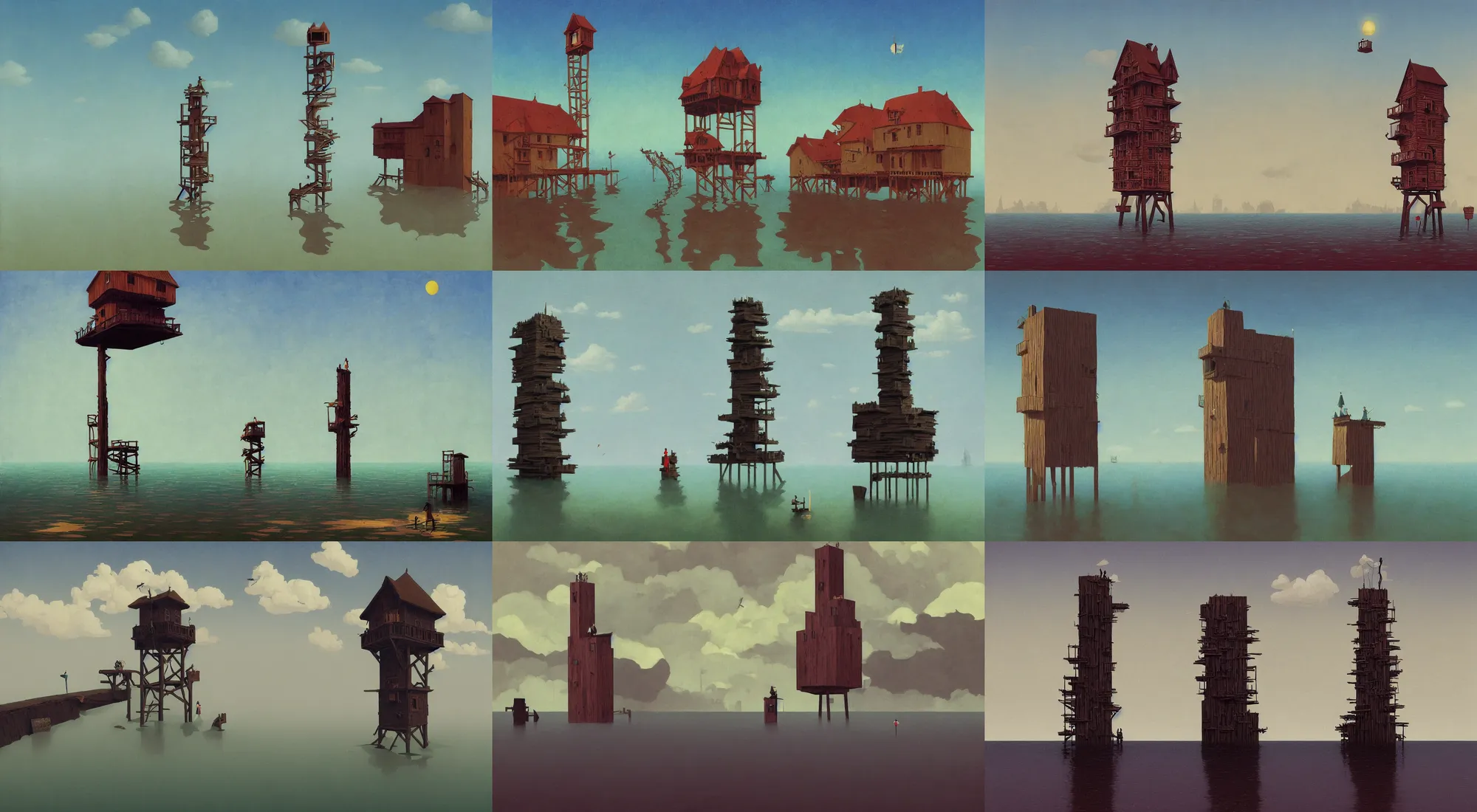 Prompt: single flooded simple surreal wooden tower, very coherent and colorful high contrast!! masterpiece by rene magritte simon stalenhag carl spitzweg syd mead norman rockwell edward hopper james gilleard, minimalist, dark shadows, sunny day, hard lighting