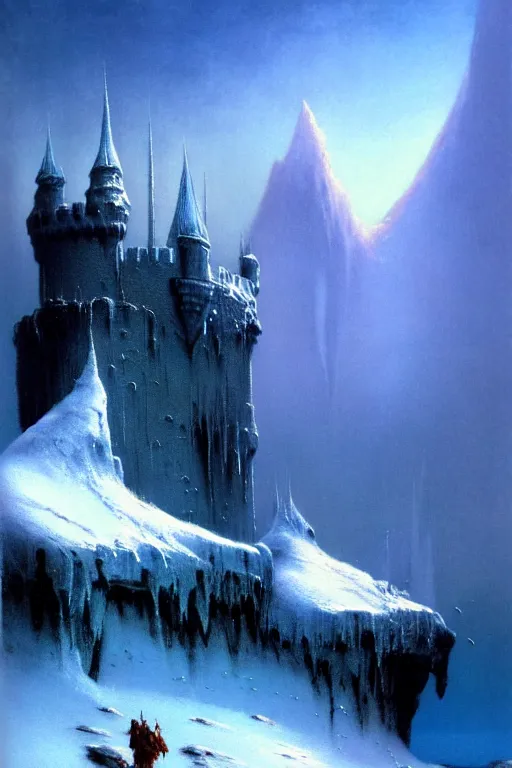 Image similar to castle of ice by bruce pennington and gustave courbet, 4 k, hd, amazing details, sharp focus, post - processing, smooth