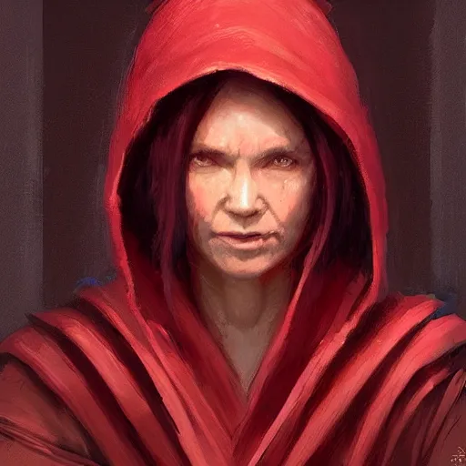 Prompt: portrait of a woman by greg rutkowski, jedi queen, half asian, black bob hair, star wars expanded universe, she is about 5 0 years old, wearing jedi red robes.