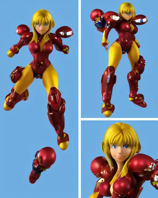 Image similar to full body 3d render of metroid samus aran as a joy toy, studio lighting, white background, blender, trending on artstation, 8k, highly detailed