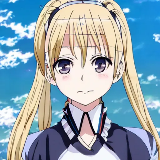 Prompt: key anime visual of a tsundere with blonde hair and twintails; official media