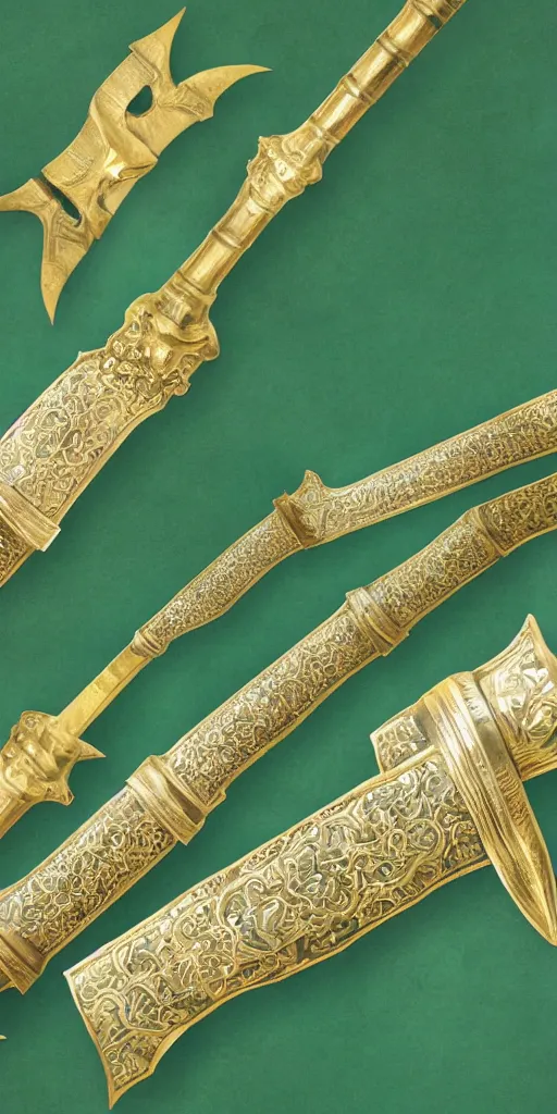 Image similar to photograph of a wide green and teal crystal sword blade attached to a big gold sword hilt