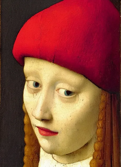 Image similar to red hat, medieval painting by jan van eyck, johannes vermeer