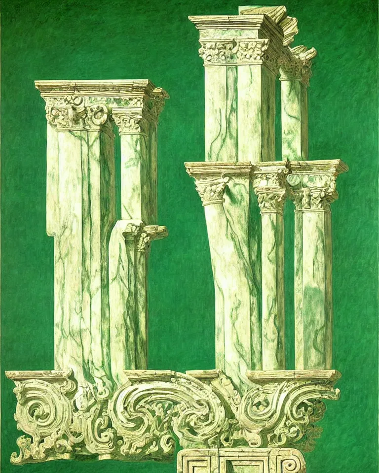 Image similar to achingly beautiful painting of intricate ancient roman corinthian capital on jade background by rene magritte, monet, and turner. giovanni battista piranesi.