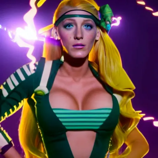 Image similar to cinematic scene with blake lively as jolyne from jojo's bizarre adventure, live action film, stone ocean, dramatic, small details, volumetric lighting, still frame