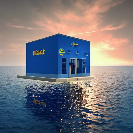 Image similar to a Walmart public restroom floating in the middle of the ocean, sunset, beautiful, ultra realistic digital art, 4k, cgsociety, HDR, Intricate, trending on artstation