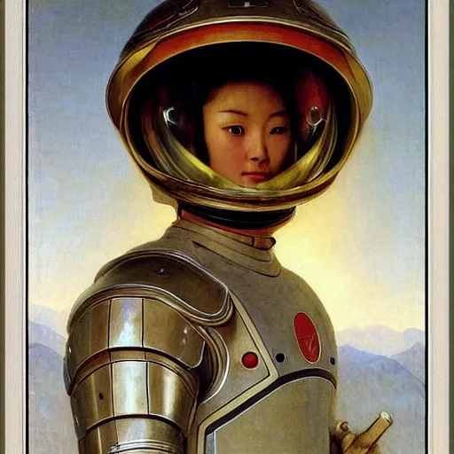 Image similar to portrait of a astronaut is a chinese dragon in armor and helmet, majestic, solemn, by bouguereau