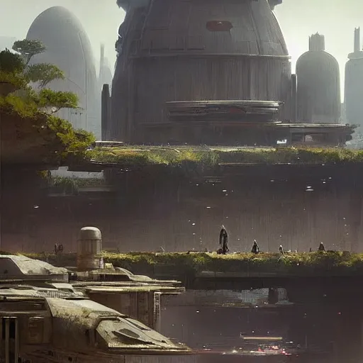Image similar to star wars concept art by greg rutkowski, an urban landscape of buildings of ancient architecture, but huge and imposing in the middle of a temperate jungle, cinematic lighting, dawn light, nostalgic atmosphere.