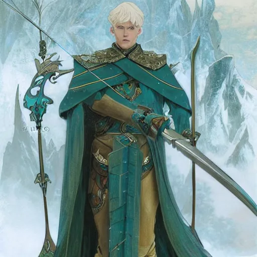 Image similar to an epic concept art of a handsome snow elf in a turquoise cape and silver armour, bow and arrow, albino skin, winter vibes, elegant, very coherent symmetrical artwork, rule of thirds, by ralph hosley and alphonse mucha and charlie bowater, sharp focus, trending on artstation