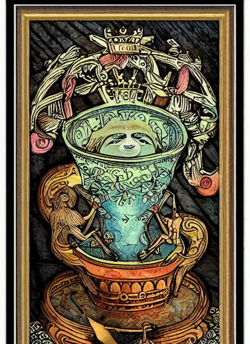 Image similar to sloth as the king of cups, framed, intricate details, medieval art style, high contrast, posterized