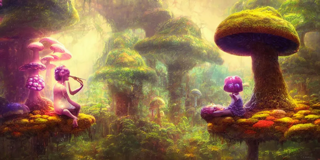 Image similar to ”young girl sitting by a mushroom and playing a flute, giant mushroom houses in a mysterious fantasy forest, [bioluminescense, rope bridges, art by wlop and paul lehr, cinematic, colorful]”