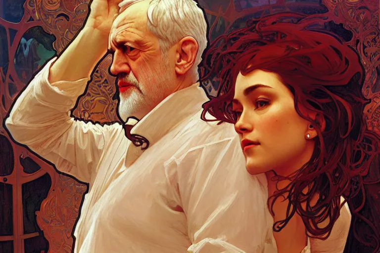 Image similar to jeremy corbyn, nier autoamata, highly detailed painting by ilya kuvshinov, alphonse mucha, gaston bussiere, craig mullins, j. c. leyendecker 8 k