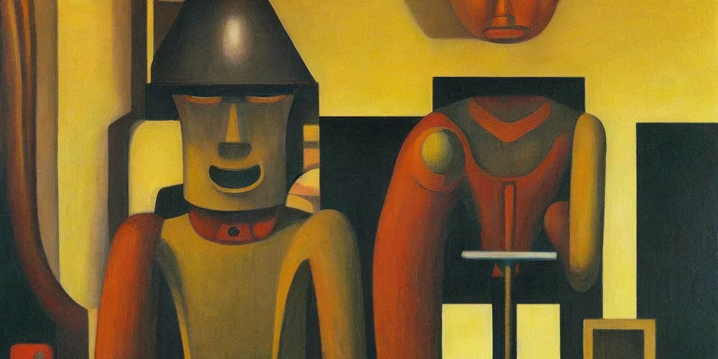 Image similar to super - intelligent robot with kind eyes portrait, grant wood, pj crook, edward hopper, oil on canvas