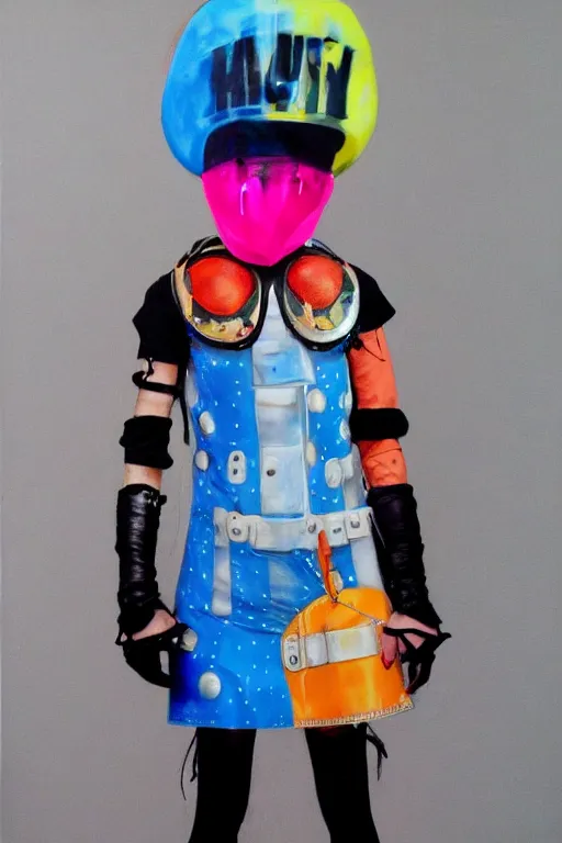 Prompt: a male character wearing a diy! costume dress, punk, with fluo colored details and a transparent helmet, full body, muted colors, vivienne westwood, nausicaa, hyper real acrylic painting