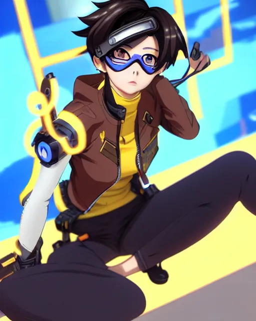 Image similar to Anime as Tracer Overwatch wearing brown leather-coat; wearing mask; wearing yellow tight fit pants || cute-fine-face, pretty face, realistic shaded Perfect face, fine details. Anime. realistic shaded lighting poster by Ilya Kuvshinov katsuhiro otomo ghost-in-the-shell, magali villeneuve, artgerm, Jeremy Lipkin and Michael Garmash and Rob Rey as Overwatch Tracer cute smile