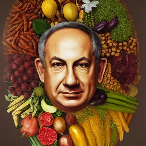 Prompt: portrait of benjamin netanyahu made of fruits vegetables and flowers, by giuseppe arcimboldo