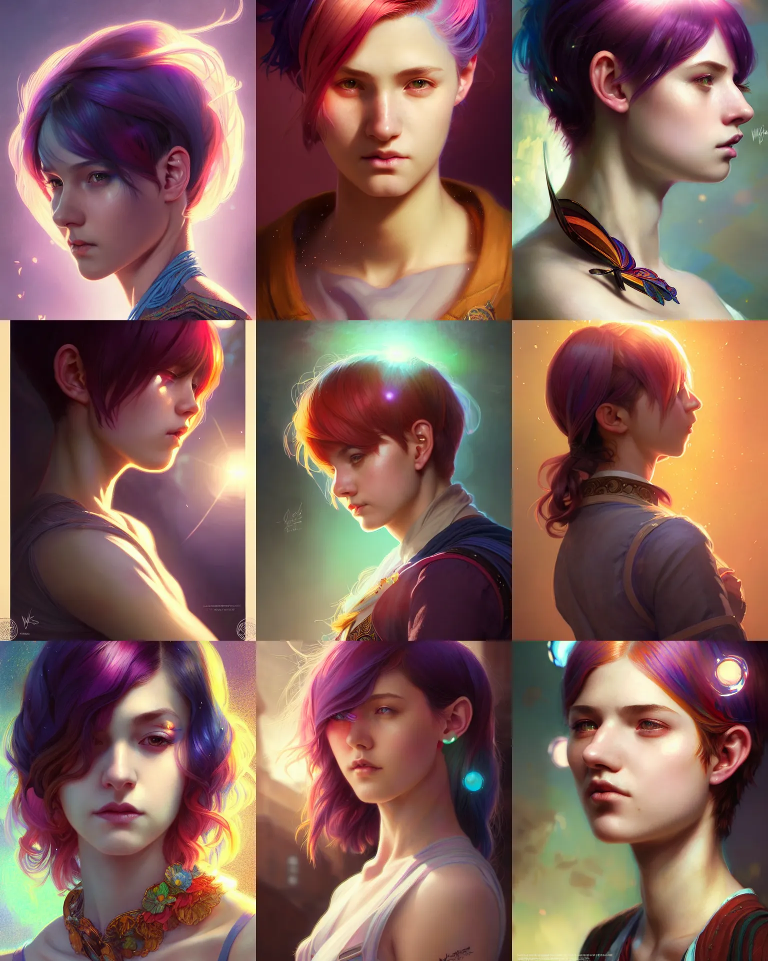 Prompt: side portrait of a university young female, magic school, multi colored hair, short hair style, intricate, sharp focus, lens flare, bloom, rim light, illustration, highly detailed, digital painting, concept art, matte, art by wlop and ross tran and artgerm and greg rutkowski and alphonse mucha, masterpiece