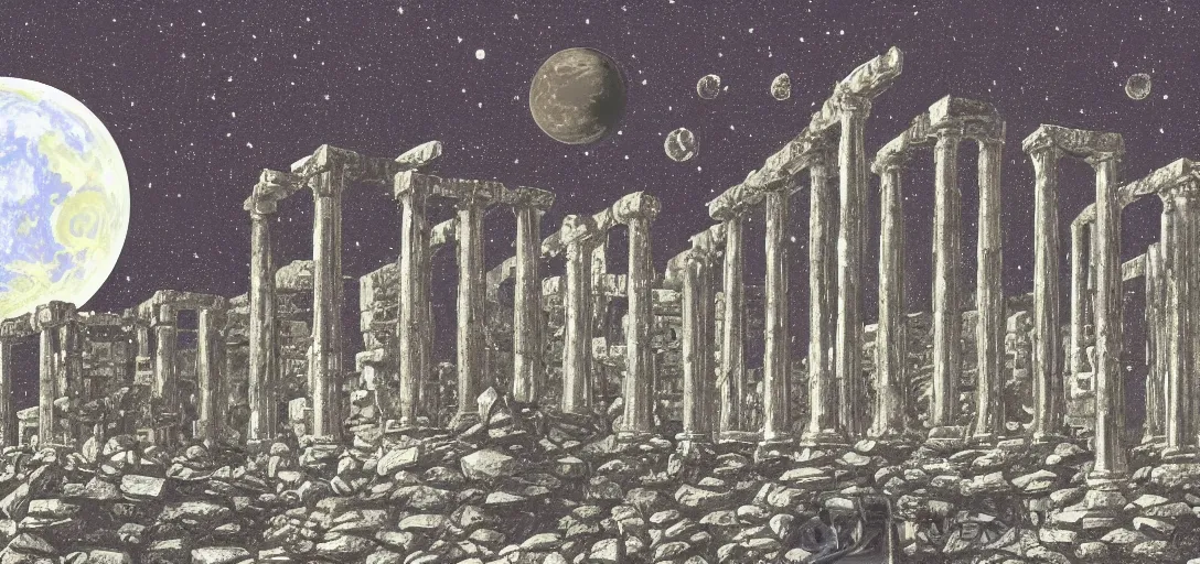 Image similar to The ruins of the Silver Millennium on the moon from Sailor Moon, digital painting, Earth in the distance, Greek-esque columns and ruins