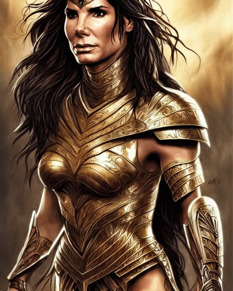 Prompt: a young sandra bullock as an amazon warrior, tall and beautiful with brown skin and long hair, dressed in hellenistic body armor, intricate, elegant, highly detailed, smooth, sharp focus, detailed face, art by ardian syaf