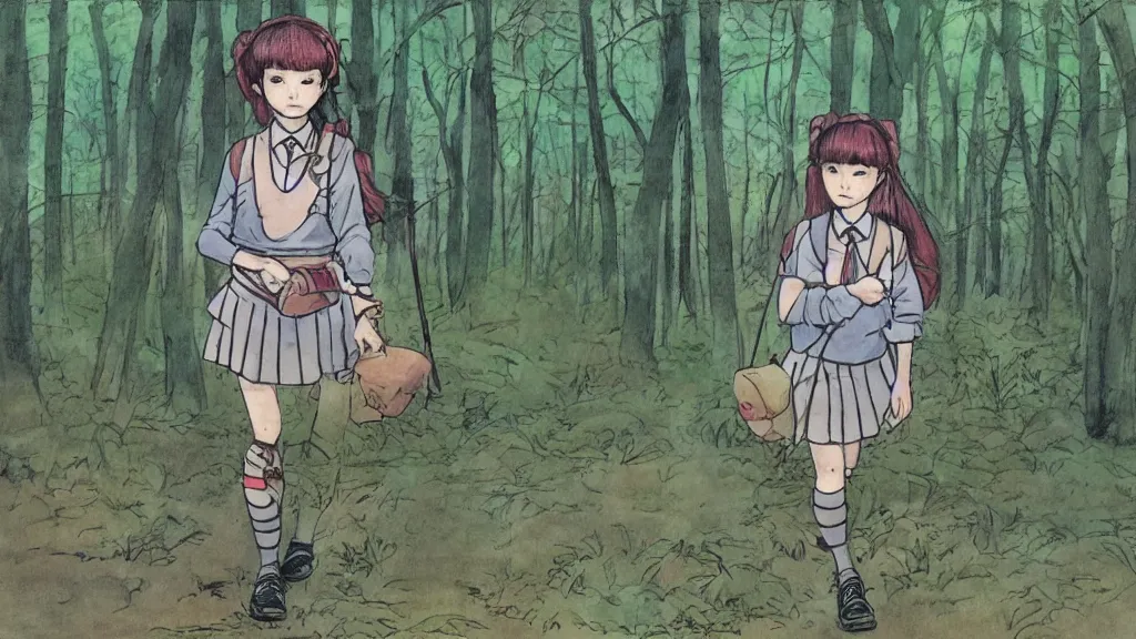 Prompt: cute schoolgirl walk in the forest, in style of katsuya terada,