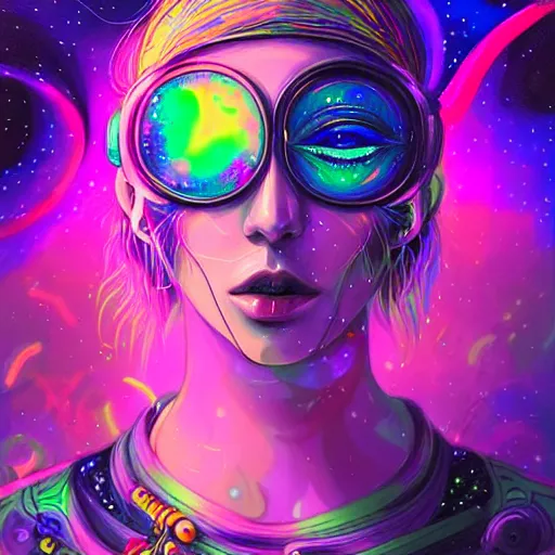 Prompt: A space pirate girl having an extremely colorful psychedelic experience in outerspace, warping time and space, magic mushrooms, psilocybin, LSD, face, space helmet, futuristic, detailed, intricate, elegant, highly detailed, digital painting, artstation, concept art, smooth, sharp focus, illustration, art by Krenz Cushart and Artem Demura and Alphonse Mucha