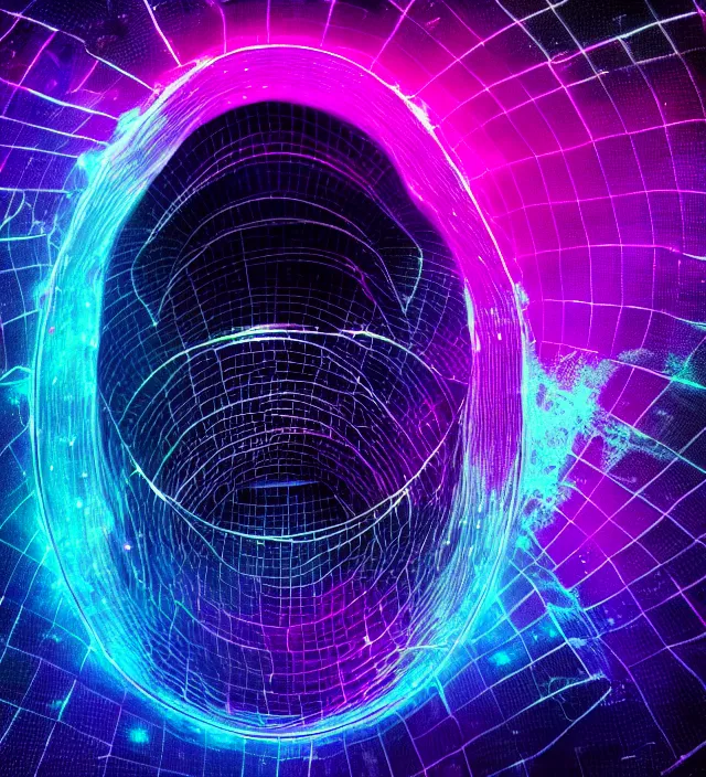 Prompt: an iridescent wormhole wireframe absorbing a galaxy, dark synthwave, aesthetic mood, vintage, sci - fi, 4 k