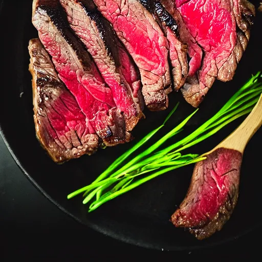 Image similar to A perfectly cooked medium rare steak, food photography, 35mm, macro