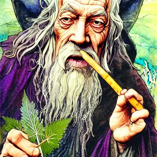 Image similar to a realistic and atmospheric watercolour fantasy character concept art portrait of gandalf with pink eyes looking happy and confused and smoking weed out of his pipe with a pot leaf nearby, by rebecca guay, michael kaluta, charles vess and jean moebius giraud