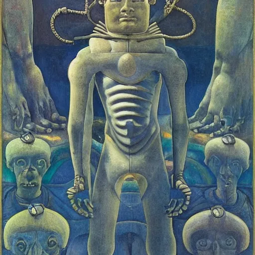 Prompt: robot boy wearing the bone crown, by annie swynnerton and diego rivera and lucien freud and jean delville and evelyn de morgan, symbolist, dramatic lighting, elaborate geometric ornament, art brut, soft pastel colors, smooth, sharp focus, extremely detailed, adolf wolfli, leo and diane dillon, nicholas roerich, donato giancola