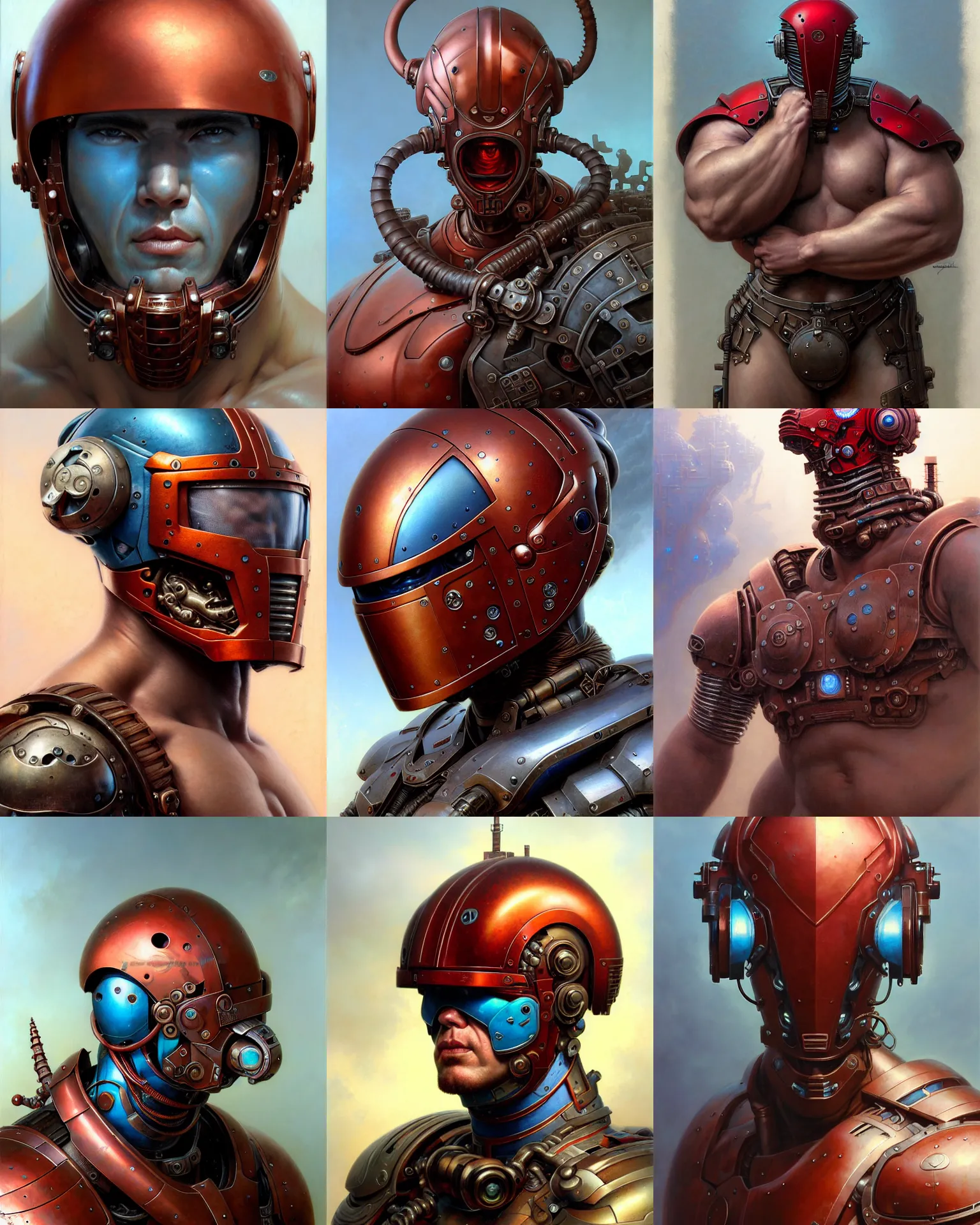 Prompt: solid thick super muscly male portrait, rusty red helmet, large metal jaw, pale blue skin, ultra realistic, intricate details, looper artifacts, highly detailed by peter mohrbacher, allen williams, hajime sorayama, wayne barlowe, boris vallejo, aaron horkey, gaston bussiere, craig mullins