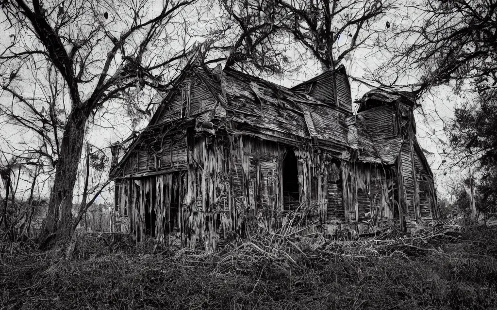 Image similar to an old wooden church rotting away in the bayou with tentacles growing from within, realistic, old color photograph, dynamic composition, creepy