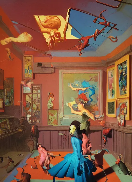 Prompt: childrens room exhibition in the style of francis bacon, surreal forest, norman rockwell and james jean, greg hildebrandt, and mark brooks, triadic color scheme, by greg rutkowski, in the style of francis bacon and syd mead and edward hopper and norman rockwell and beksinski, dark surrealism, open ceiling