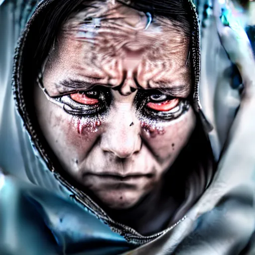 Image similar to photographic portrait of a poor techwear woman with tears in her eyes, closeup, sigma 85mm f/1.4, 4k, depth of field, high resolution, 4k, 8k, hd, full color